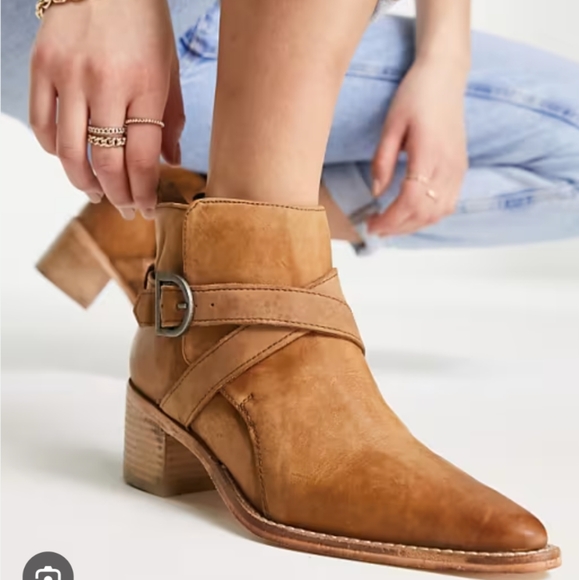 Free People Tan Suede Ankle Booties with Silver Buckle - Picture 1 of 16